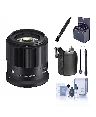 Sigma 30mm f/1.4 Dc Dn Contemporary Lens for Canon Rf, Bundle with Neoprene Lens Pouch, 52mm Filter Kit, Lens Cap Tether and Cleaning Kit