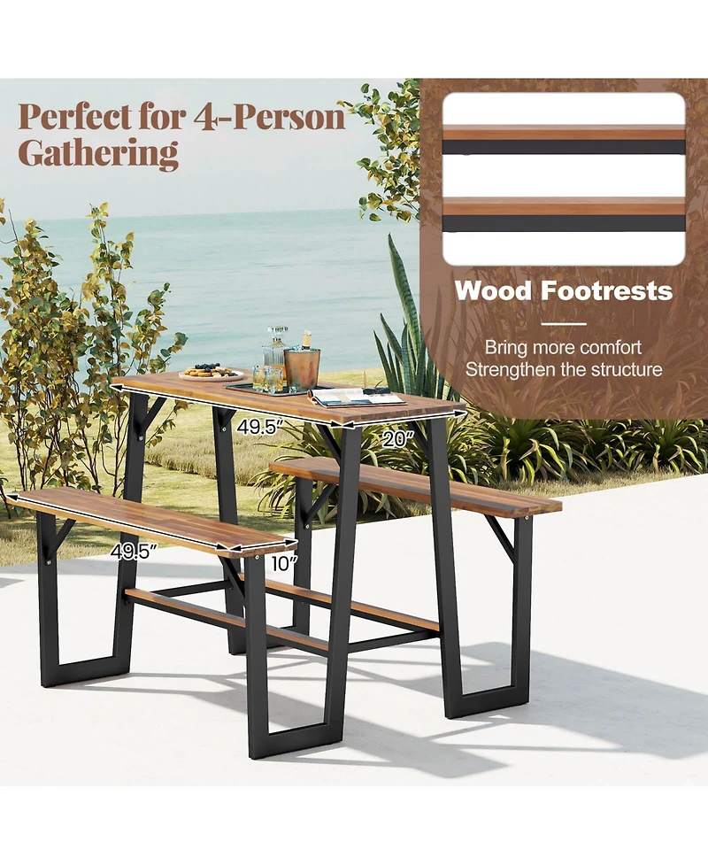 Patio Picnic Table Bench Set with Acacia Wood Tabletop Benchtop Built-in Footrests