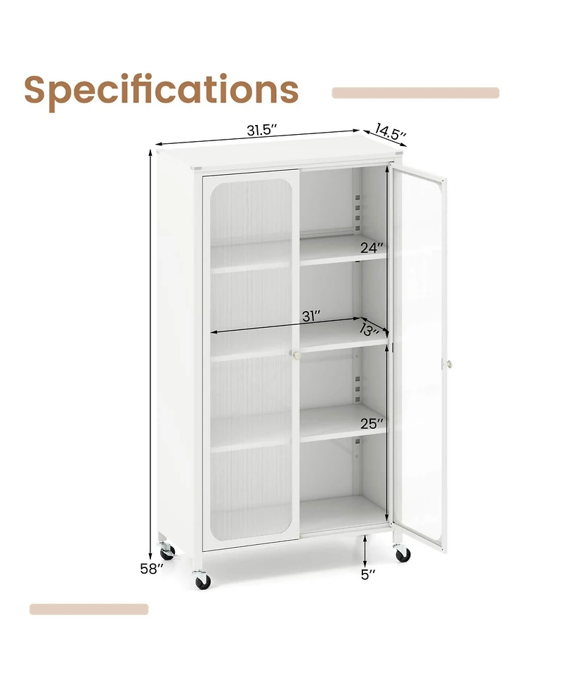 Costway Storage Cabinet with Wheels & 2 Translucent Doors Adjustable Shelves Sideboard
