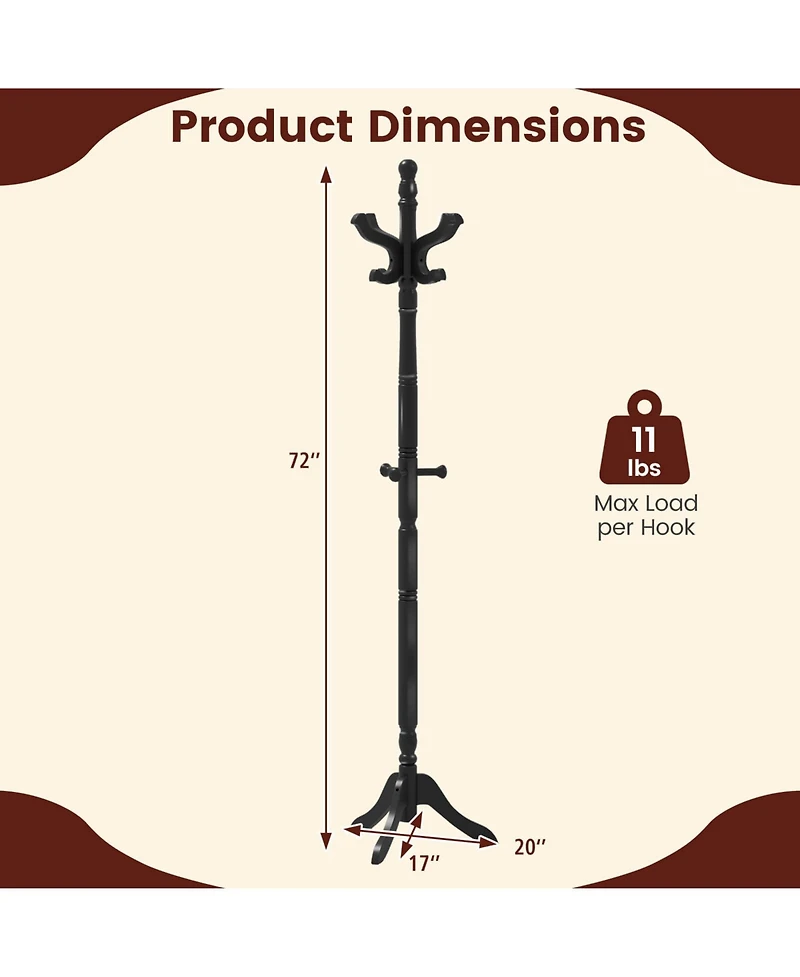 Solid Rubber Wood Coat Rack with 3 Adjustable Heights and 11 Hooks for Hallway