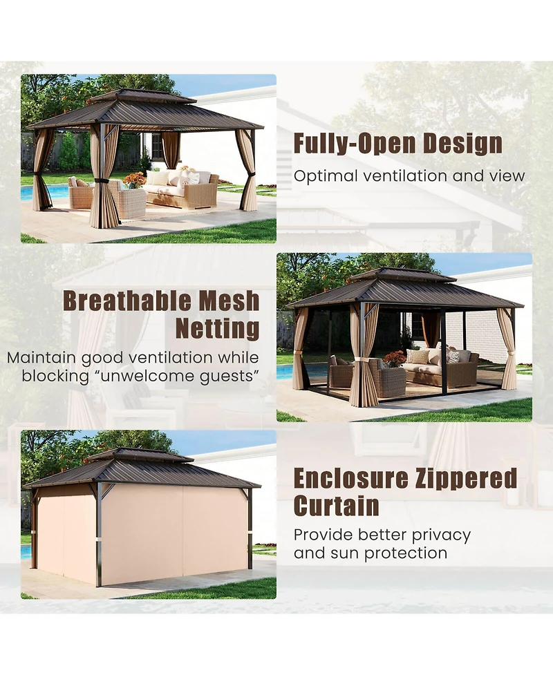 16 x 12 Ft Hardtop Gazebo with Netting Heavy-Duty Double-Roof Galvanized Metal Top