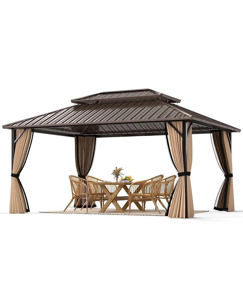 16 x 12 Ft Hardtop Gazebo with Netting Heavy-Duty Double-Roof Galvanized Metal Top