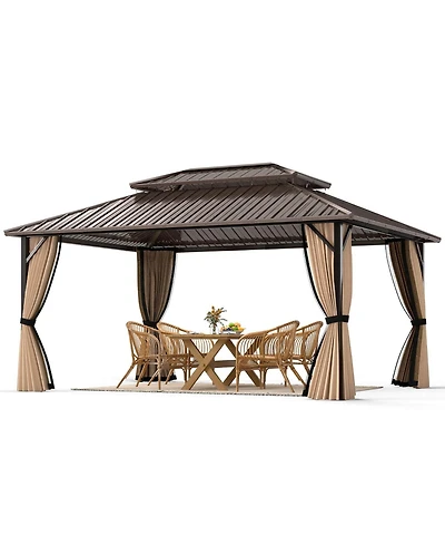 16 x 12 Ft Hardtop Gazebo with Netting Heavy-Duty Double-Roof Galvanized Metal Top