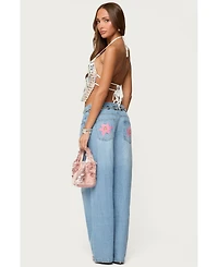 Edikted Women's Mirra Embroidered Flower Low Rise Jeans