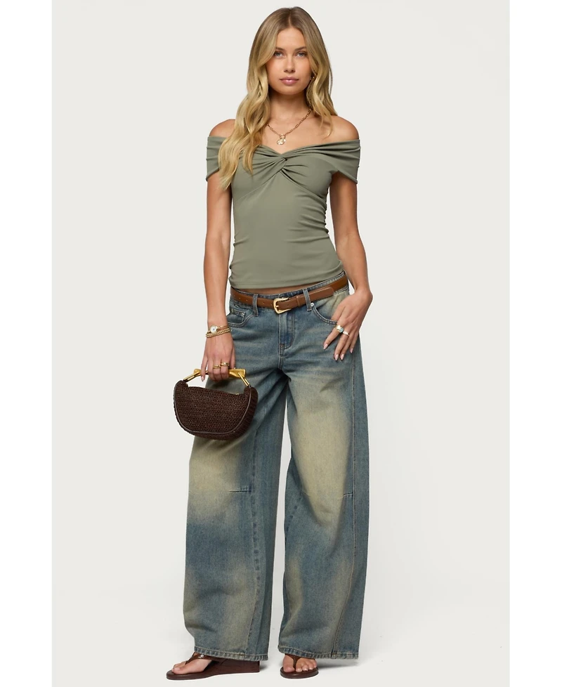 Edikted Womens Twisted Front Off Shoulder Top