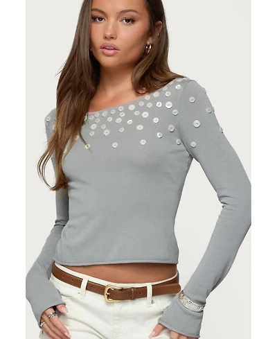 Edikted Womens Iridescent Button Boat Neck Top