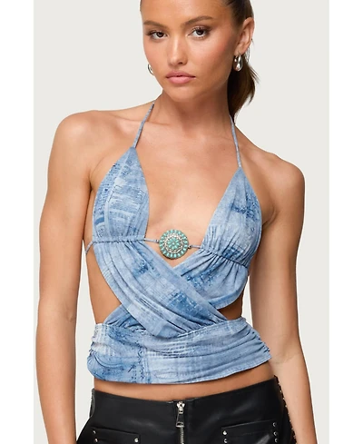 Edikted Womens Crossover Backless Printed Mesh Top
