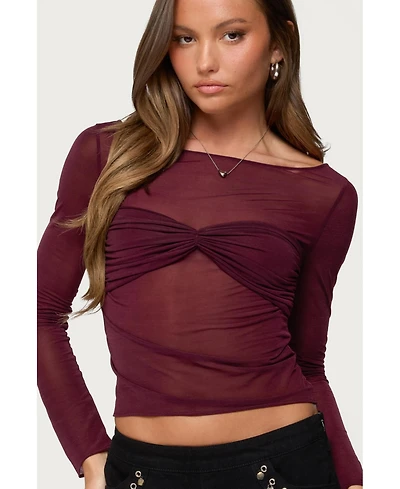 Edikted Women's Oona Sheer Gathered Long Sleeve Top