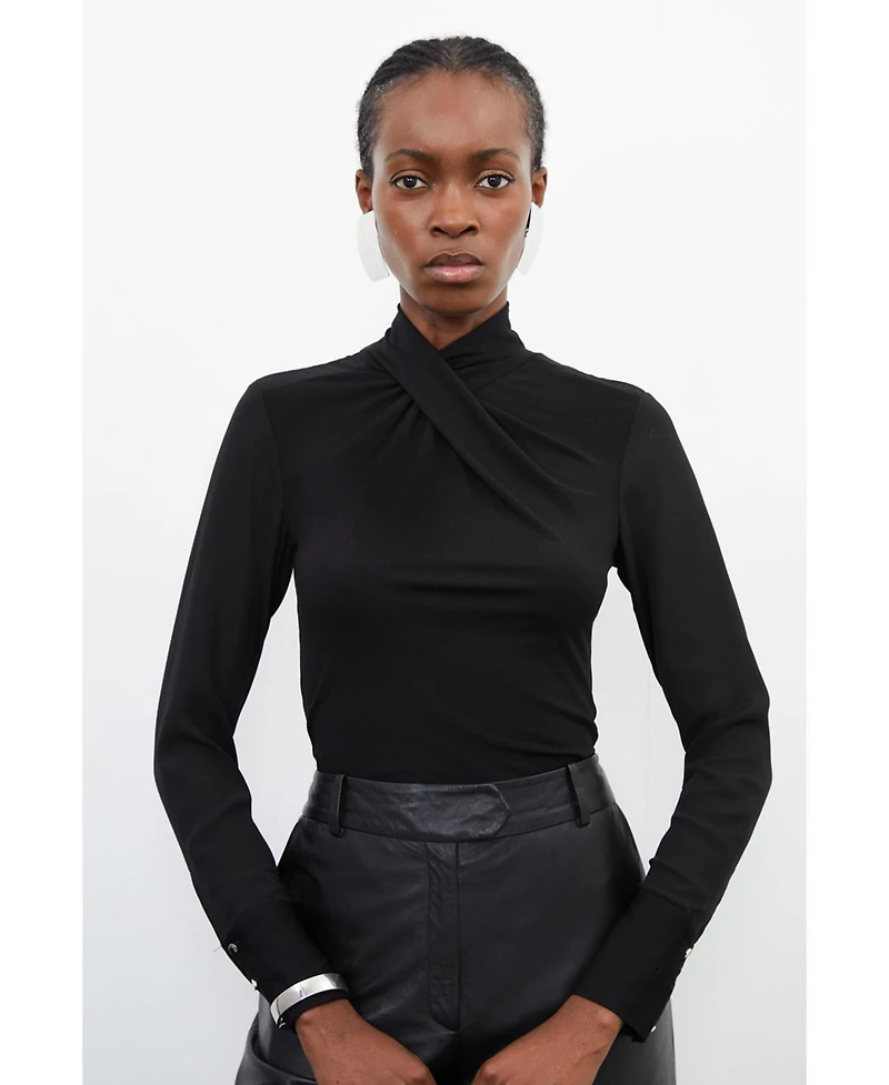 Karen Millen Women's Jersey And Georgette Mix High Neck Top