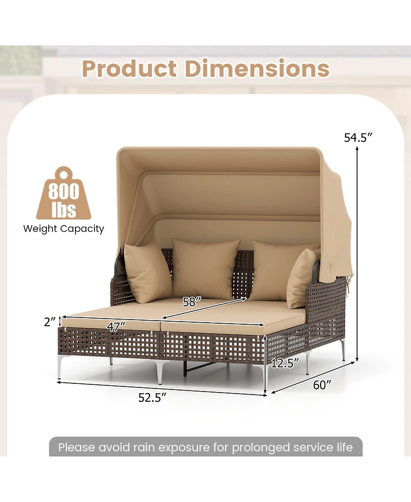Gymax Outdoor Daybed w/ Retractable Canopy Pe Wicker Rattan Patio Double Chaise Lounger