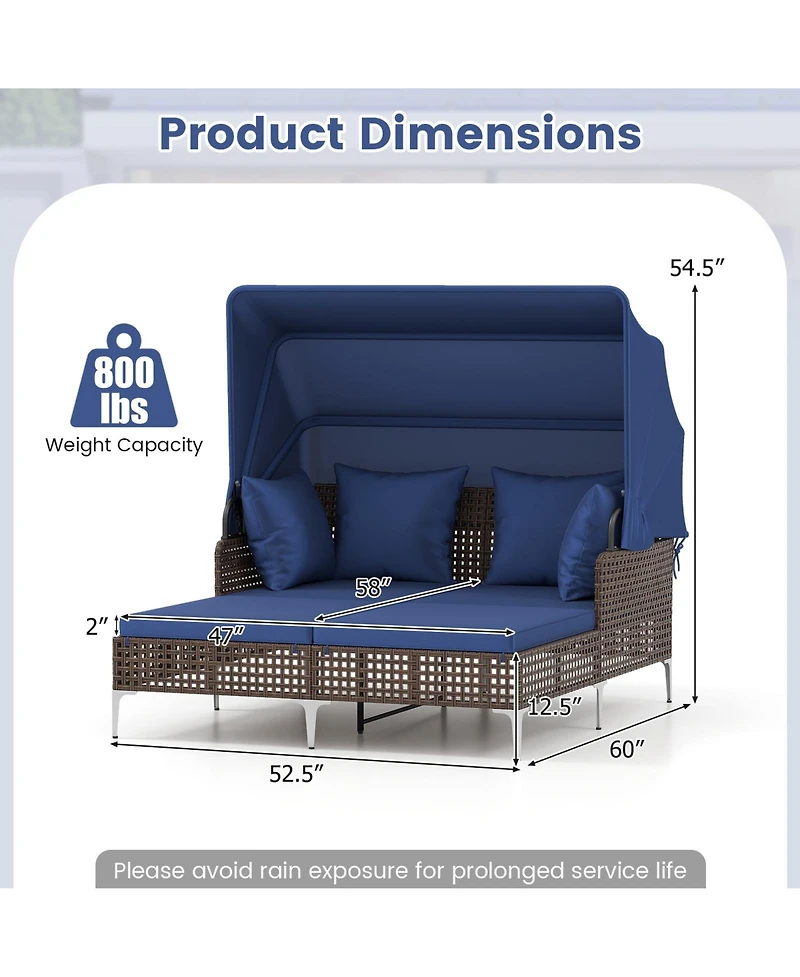 Gymax Outdoor Daybed w/ Retractable Canopy Pe Wicker Rattan Patio Double Chaise Lounger