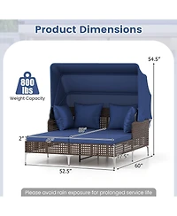 Gymax Outdoor Daybed w/ Retractable Canopy Pe Wicker Rattan Patio Double Chaise Lounger