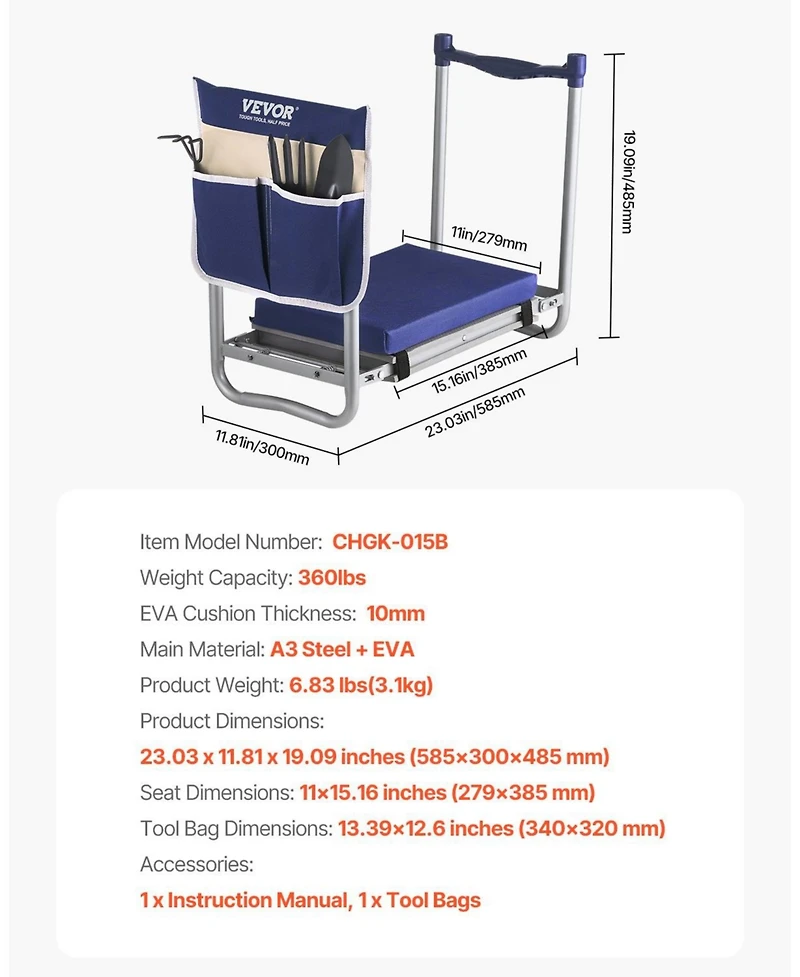 Slickblue Garden Kneeler with 11" Eva Pad, 2-in-1 Folding Heavy Duty Kneeling Stool