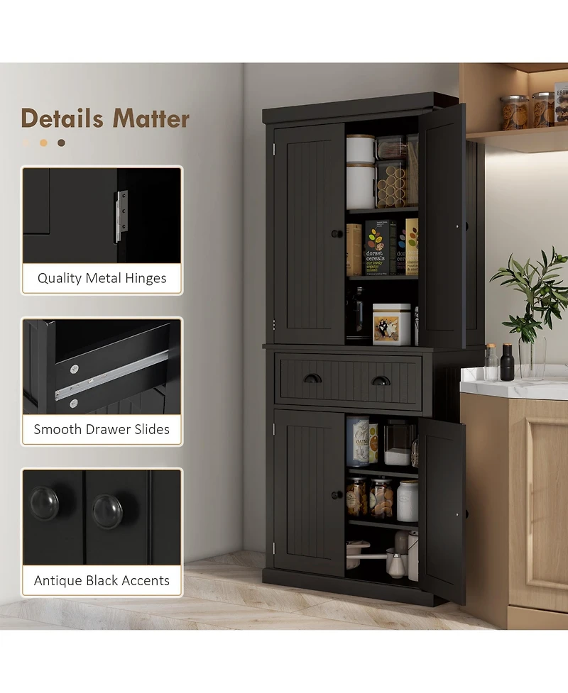 Tall Wooden Kitchen Storage Cabinet with Adjustable Shelves for Pantry Use