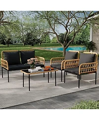 4 Pieces Patio Furniture Sets Wicker Outdoor Patio Table and Chairs Set with Glass Side Table, Loveseat Chairs, Boho Rattan Conversation Sets for Bist