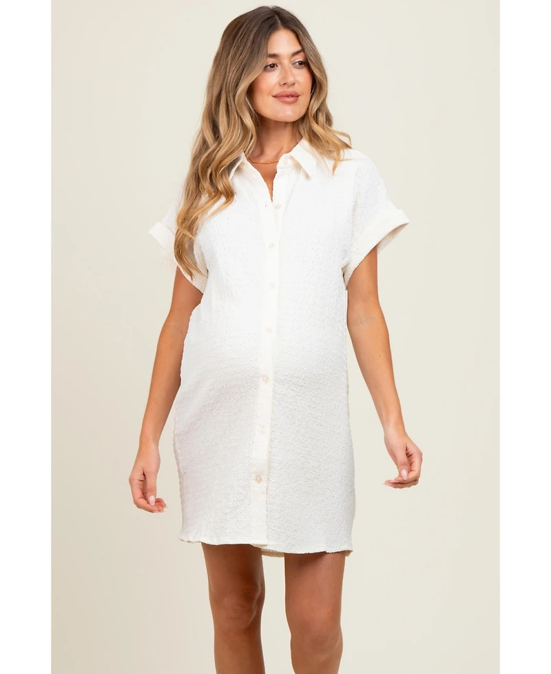 Pinkblush Ivory Textured Short Sleeve Button Down Maternity Shirt Dress