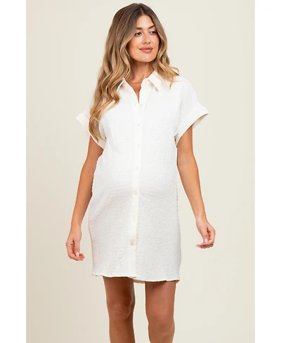 Pinkblush Ivory Textured Short Sleeve Button Down Maternity Shirt Dress