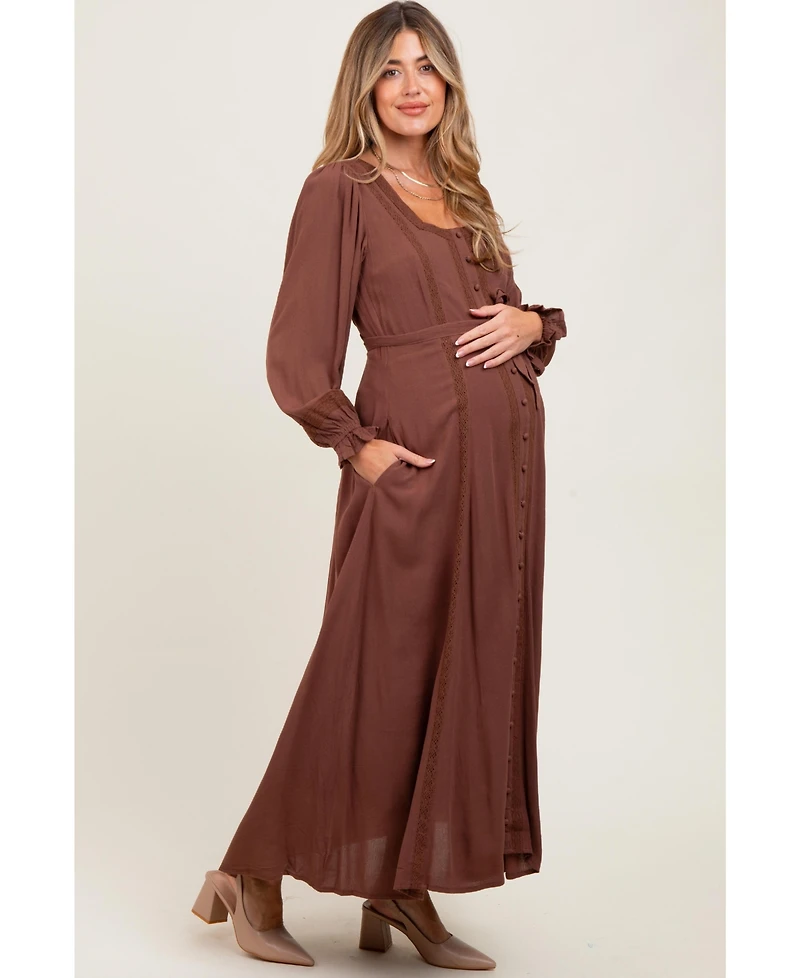 Pinkblush Brown Lace Detail Button Down Maternity Maxi Dress