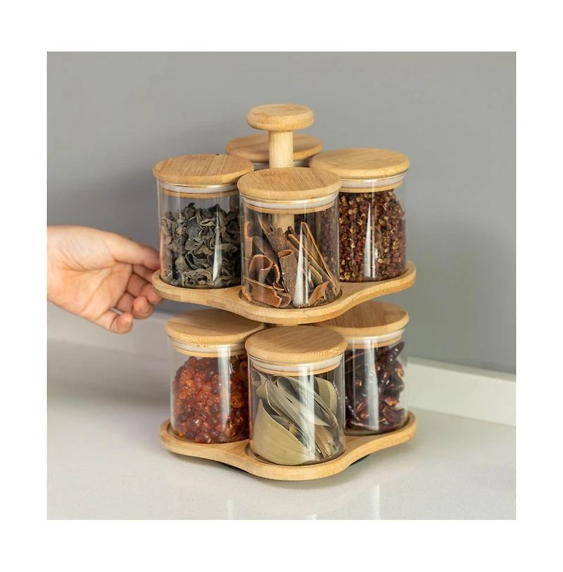 Basicwise Minimalist Two-Tier Bamboo Lazy Susan Turntable with 8 Pcs 12 oz Airtight Lid Glass Jars, Versatile Spice Rack Organizer, Perfect for Kitche