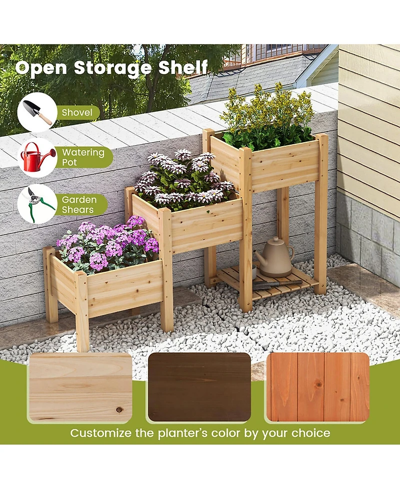 Gymax 3-Tier Wooden Garden Bed Elevated Planter w/ 3 Planter Boxes, Open Storage Shelf