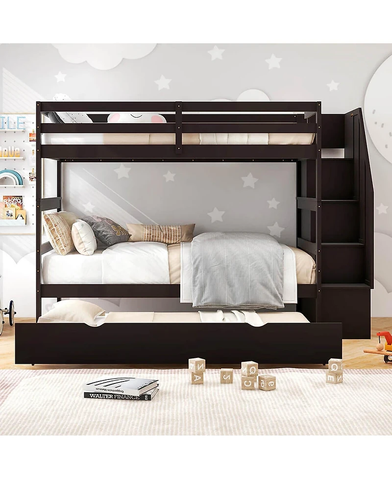Gymax Twin over Wooden Bunk Bed w/ Trundle Storage Stairs Convertible