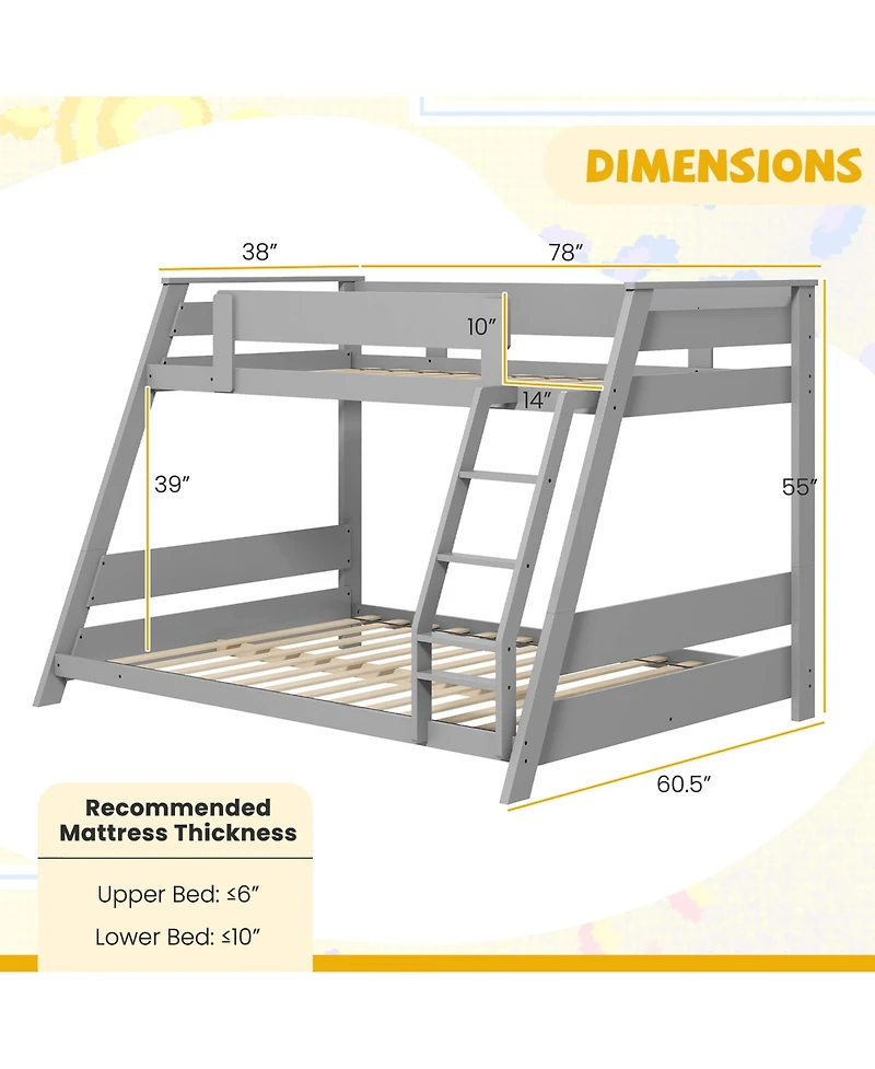 Gymax Twin Over Full Low Bunk Bed Solid Wooden Floor Bunk Bed w/ Reversible Ladder White
