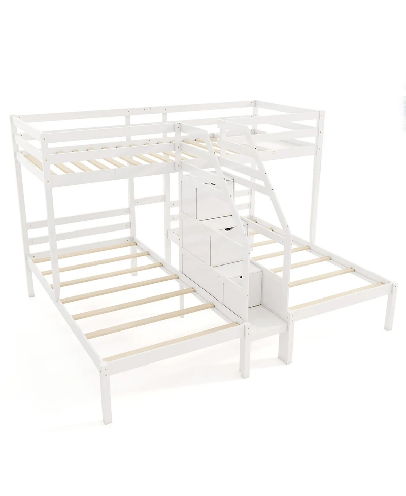Gymax Wooden Twin Over Twin & Twin Bunk Bed w/ 4-Step Storage Staircase Guardrail
