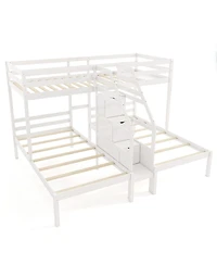 Gymax Wooden Twin Over Twin & Twin Bunk Bed w/ 4-Step Storage Staircase Guardrail