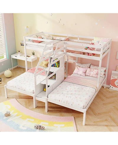 Gymax Wooden Twin Over Twin & Twin Bunk Bed w/ 4-Step Storage Staircase Guardrail
