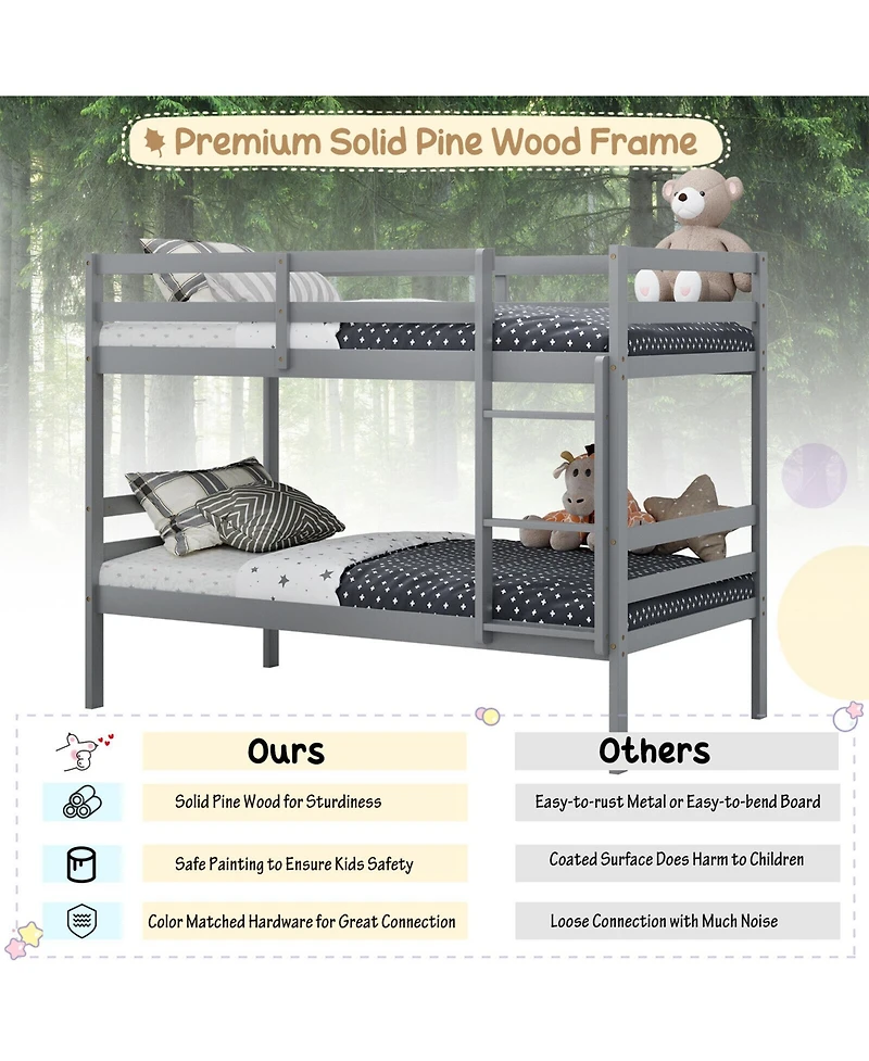 Gymax Twin Over Twin Wood Bunk Beds W/Ladder & Safety Rail Pine Wood Bunk Bed