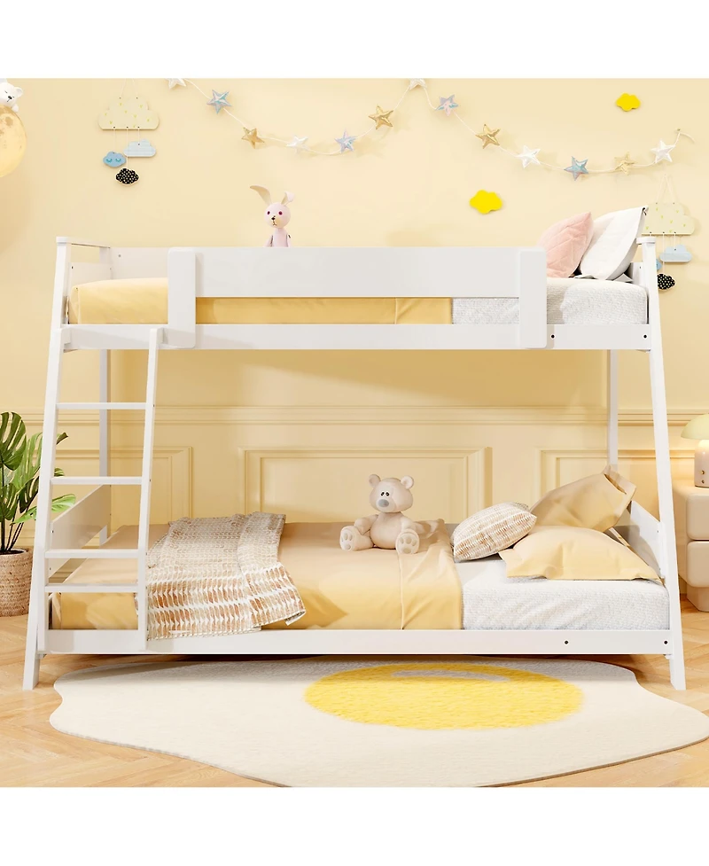 Gymax Twin Over Full Low Bunk Bed Solid Wooden Floor w/ Reversible Ladder White