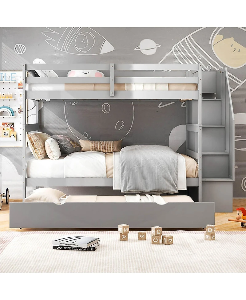 Gymax Twin over Wooden Bunk Bed w/ Trundle Storage Stairs Convertible