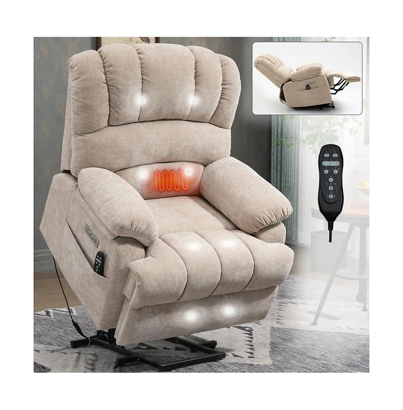 Maison Boucle Oversized Power Lift Recliner for Big & Tall Adults, 23" Wide Chenille Chair with Massage, Heat Usb-Maison