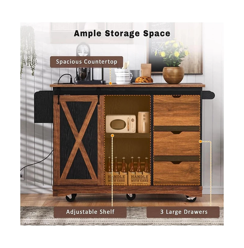 Maison Boucle 55.5" Farmhouse Kitchen Island with Drop Leaf, Barn Door, Power Outlet & Storage Drawers, Rolling Cart on Wheels-Maison