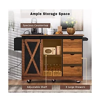 Maison Boucle 55.5" Farmhouse Kitchen Island with Drop Leaf, Barn Door, Power Outlet & Storage Drawers, Rolling Cart on Wheels-Maison