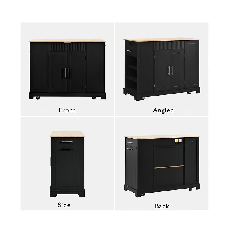 Rolling Kitchen Island with Trash Bin Cabinet, Power Outlet, 3 Drawers, Side Spice Racks, Solid Wood Top, Lockable Wheels-Maison Boucle