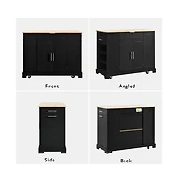 Rolling Kitchen Island with Trash Bin Cabinet, Power Outlet, 3 Drawers, Side Spice Racks, Solid Wood Top, Lockable Wheels-Maison Boucle