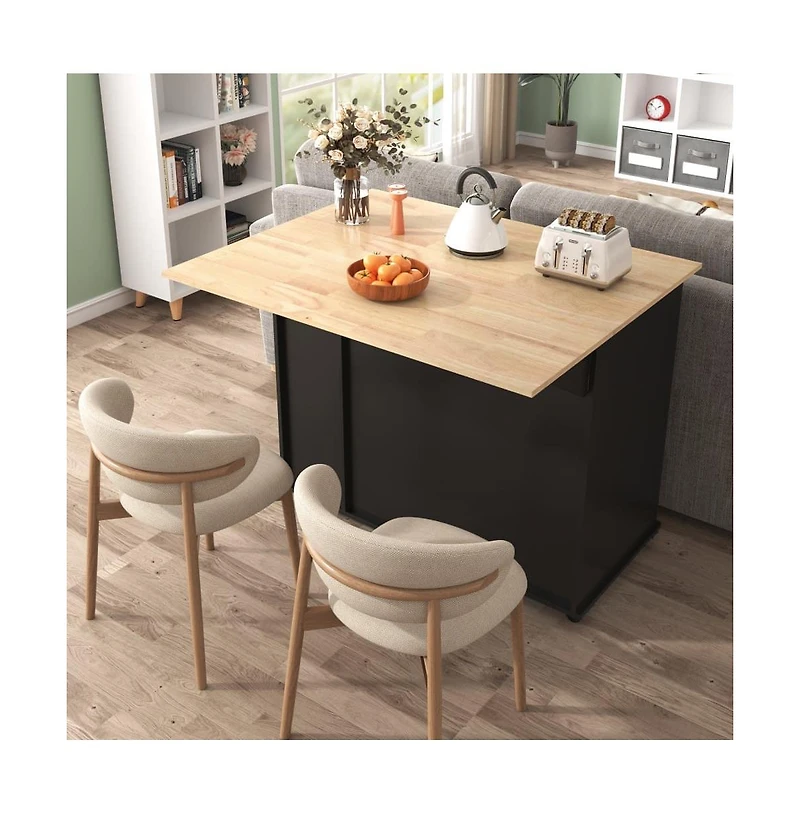 46" Kitchen Island with Drop Leaf, 3-Tier Pull-Out Organizer & Hidden Door Racks, Rolling Cart Rubberwood Top-Maison Boucle