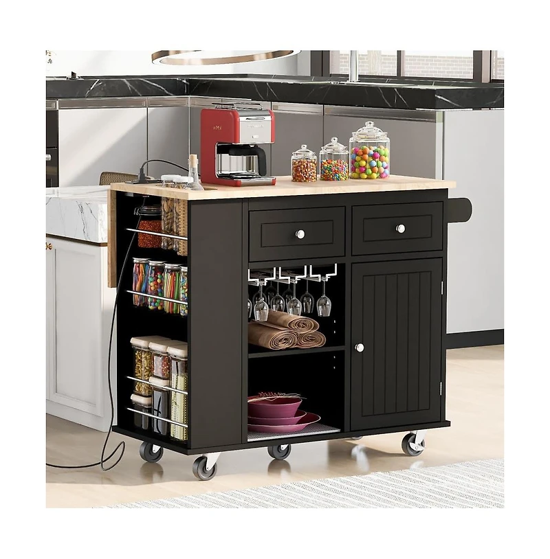 Maison Boucle Kitchen Island with Power Outlet, Drop Leaf, Wine Glass Rack & 2 Drawers, Mobile Cart Locking Wheels-Maison
