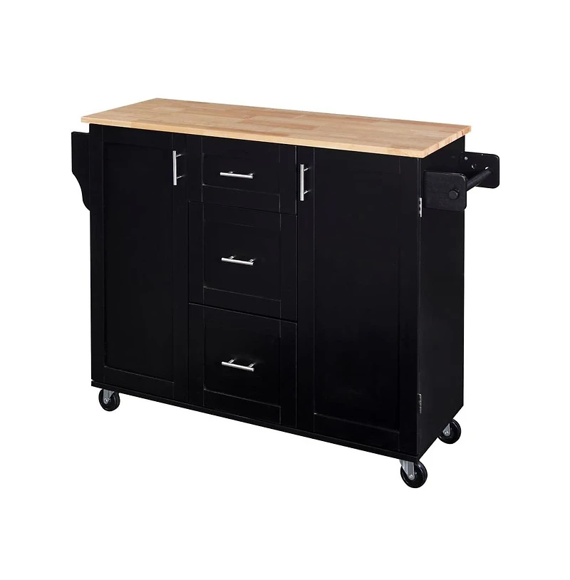 Maison Boucle 50" Rolling Kitchen Island with Rubber Wood Top, Slide-Out Shelves, 3 Drawers & Internal Storage Racks-Maison