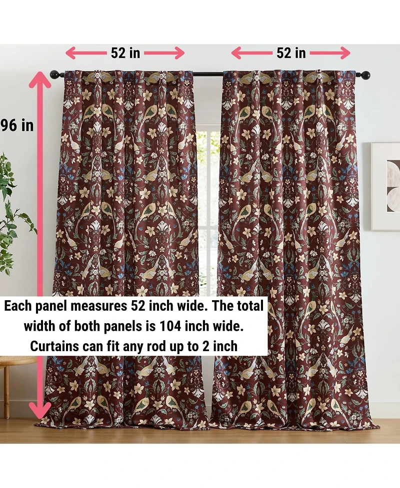 Hlc.me Florence Floral & Birds Patterned Window Back Tab Rod Pocket Curtains Bedroom - Light Blocking Darkening Window Panels