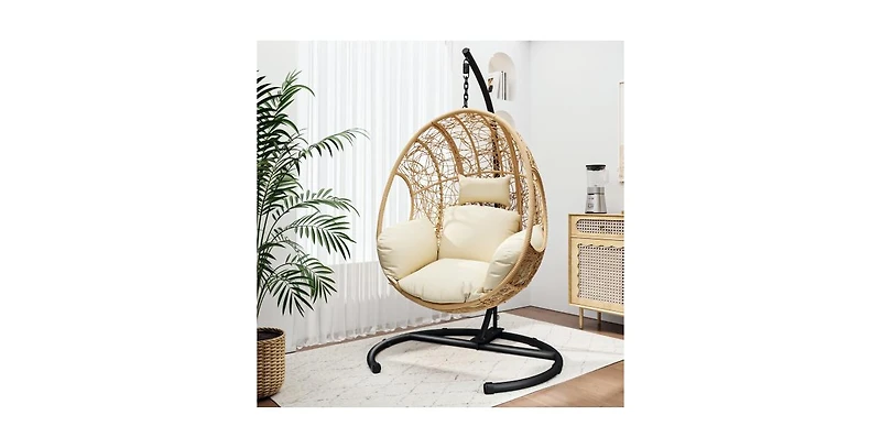 Natural Pe Wicker Egg Swing Chair with Cushion and Steel Stand