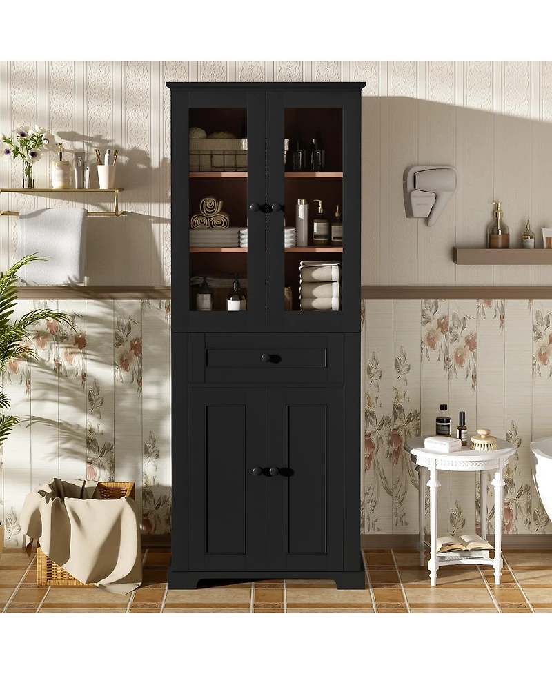 Casainc 67.2" Tall Bathroom Storage Cabinet with Tempered Glass Doors, Adjustable Shelves, Drawer and Soft-Close Designn