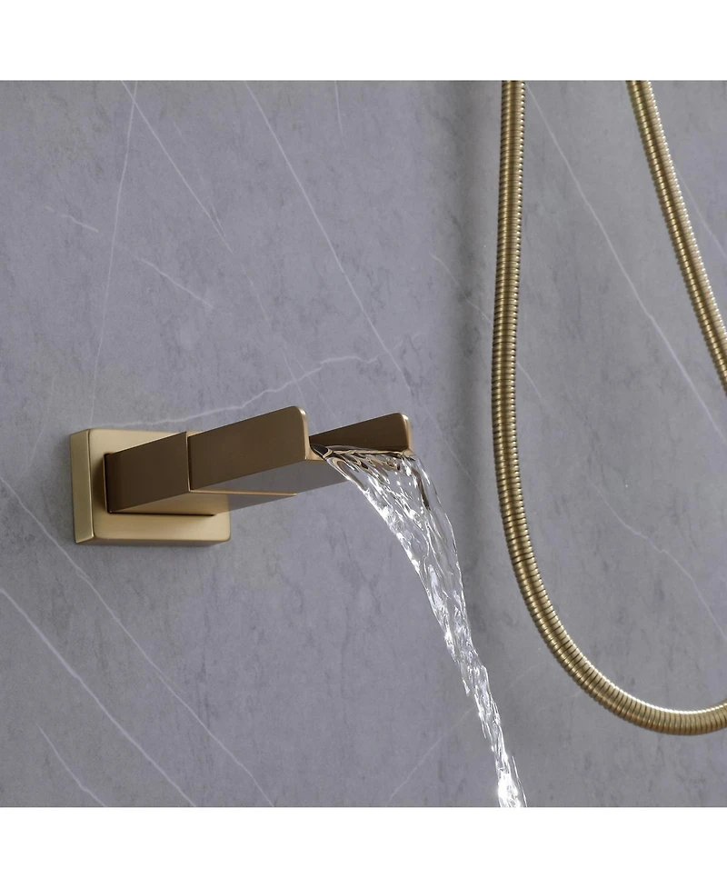 Greenspring Waterfall Spout Single Handle 3-Spray Square High Pressure Tub and Shower Faucet Brushed Nickel (Valve Included)