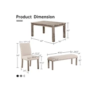 Dining Table Set for 6, 6 Piece Farmhouse Dining Set, Country Style Kitchen Table, 4 Upholstered Chairs & Bench
