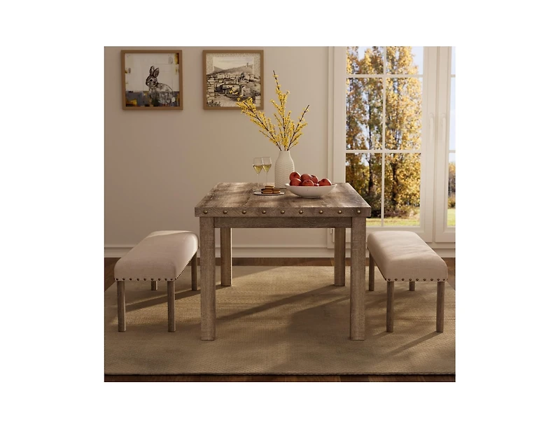 Morden Fort 3 Pieces Farmhouse Dining Room Set, Mid-Century Rectangular Wood Dining Table with 2 Upholstered Benches for Apartment Kitchen