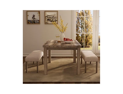 Morden Fort 3 Pieces Farmhouse Dining Room Set, Mid-Century Rectangular Wood Dining Table with 2 Upholstered Benches for Apartment Kitchen