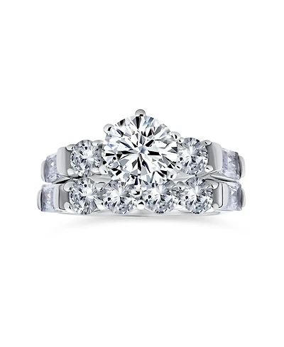 Bling Jewelry Sterling Silver 2CT Round Cz Solitaire Ring Set with Baguette Side Stones – 6-Prong Design