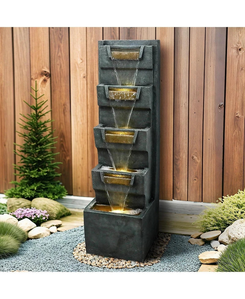 SunJet 39.3inches High Modern Water Fountain – 5-Tier Outdoor/Indoor Water Fountain with Soothing Water Sounds & Warm Led Light, Perfect for Ga