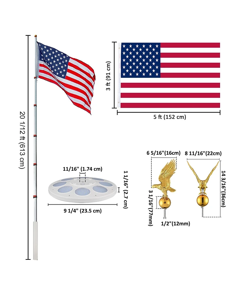 Yescom Ez Go 20ft Eagle Topper Telescopic Flag Pole Kit Solar Light Outside 3x5' Us Flag Ball Top, Silver